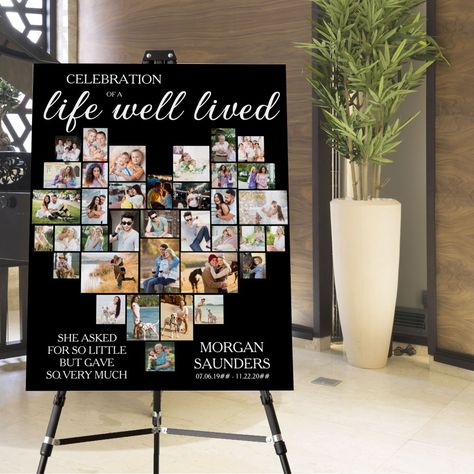 Heart Shaped Photo Collage Funeral service board which you can also display at the wake or celebration of life memorial gathering. The photo template is set up for you to add your pictures which are displayed in landscape, portrait and square formats to automatically display a heart shape. If you have any problems with photo display, try cropping it to the appropriate shape and re-uploading. The design features elegant hand written script and formal typography in black and white and is lettered Simple Celebration Of Life Ideas, Memorial Diy Ideas, Memory Boards For Funerals, Celebration Of Life Table Ideas, Celebration Of Life Decor, Celebration Of Life Memorial Ideas, Memorial Service Ideas, Celebration Of Life Ideas, Memorial Service Decorations