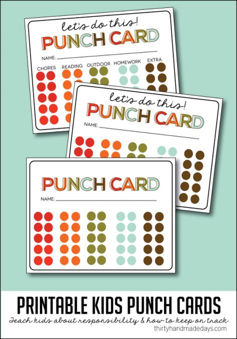 Simple idea to teach kids responsibility and to stay on task throughout the year - kids printable punch cards!  | Thirty Handmade Days Printable Punch Cards Free, Chores Ideas, Teaching Responsibility, Kids Punch, Kid Responsibility, Chart Ideas, Idea Room, Chore Charts, Chore Chart Kids