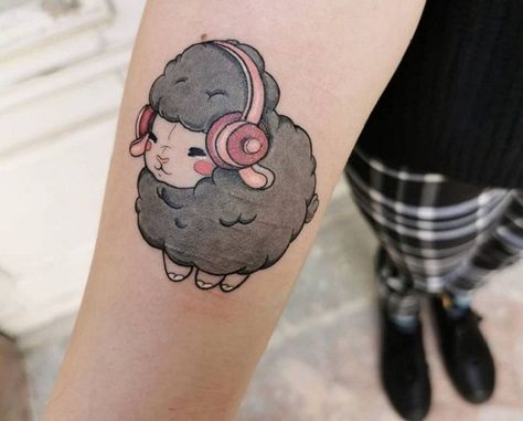 Adha Tattoos, Cartoon Sheep Tattoo, Sheep Tattoo Cute, Black Sheep Tattoos, Cute Sheep Tattoo, Sheep Tattoo Small, Human Face Tattoo, Black Sheep Tattoo Ideas, Sheep Tattoo Design