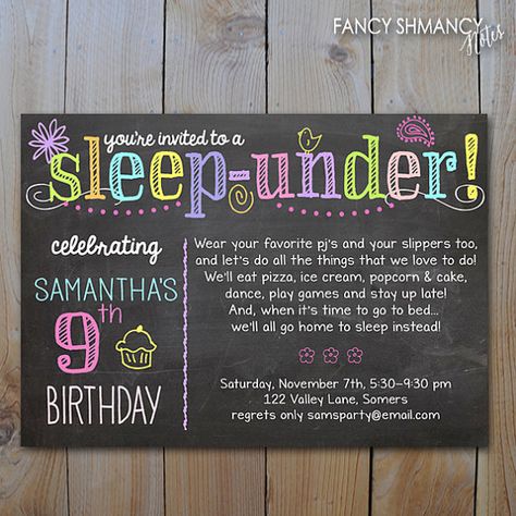 Slumber Party Birthday, Sleepover Birthday Parties, Chalkboard Invitation, Spa Birthday Parties, Spa Birthday, 9th Birthday Parties, 10th Birthday Parties, Sleepover Party, 11th Birthday