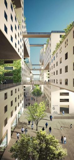 Public space between the two buildings and the building are connected with bridges Social Housing Architecture, Single Apartment, Collective Housing, Urban Housing, Best Modern House Design, Social Housing, Residential Complex, Urban Architecture, Architecture Rendering