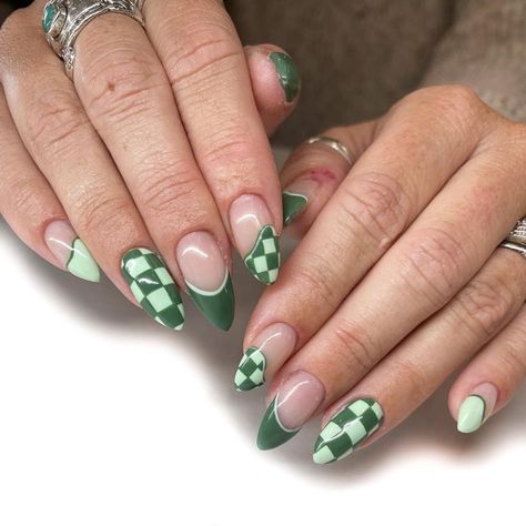 Green Nails With Checkers, Olive Green Checkered Nails, Green Checkerboard Nails, Green And White Checkered Nails, Nail Designs Checkered, Green Checkered Nails, Green Plaid Nails, Checker Nails, 2016 Nails