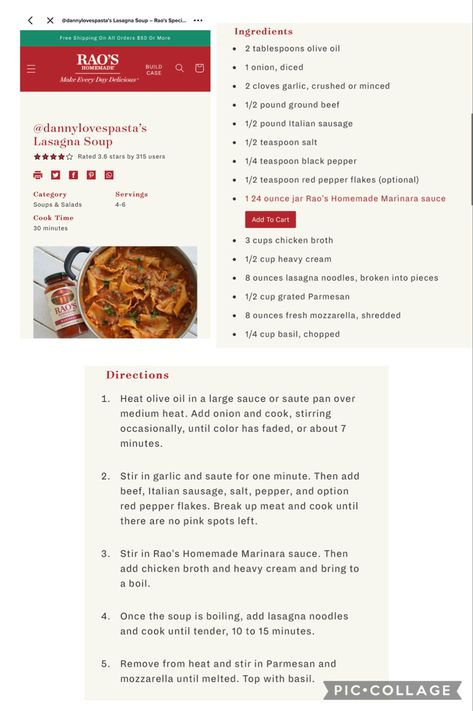 Lasagna Soup Recipe Raos, Raos Lasagna Soup, Danny Loves Pasta Lasagna Soup, Rao's Lasagna Soup, Rao's Homemade Marinara Sauce, Rao Sauce Pasta, Recipes Using Rao’s Sauce, Rao’s Recipes, Raos Recipes