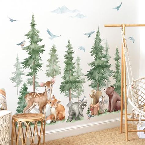 Nursery Wall Art Mountain, Deer Wall Art Nursery, Nursery Forest Animals Theme, Forest Vinyl Decals, Toddler Big Boy Room Forest, Woodland Art For Kids Room, Woodland Forest Themes Boys Bedroom, Boy Nursery Themes Woodland Forest Friends, Woodland Nursery Boy Artwork