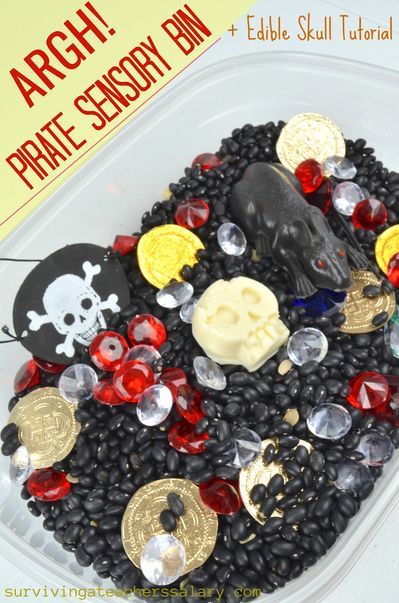 Pirate Sensory Bin, Pirate Crafts Preschool, Pirate Activities Preschool, Treasure Theme, Skull Tutorial, Pirate Patch, Stem Night, Pirate Preschool, Pirates Theme