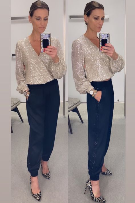 Sparkle Blouse Outfit, Sparkle Shirt Outfit Sequin Top, Styling Sequin Top, Gold Shirt Outfit Blouses, Sparkly Top Outfit Party, Batwing Top Outfit, Gold Sequin Top Outfit, Gold Blouse Outfit, Silver Sequin Top Outfit