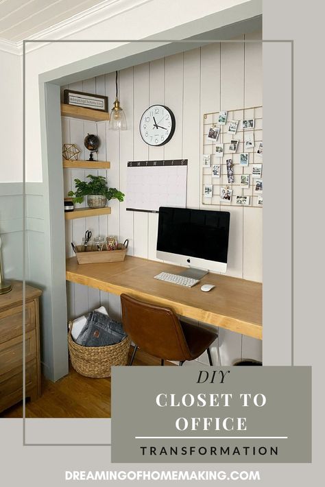 Bench Desk Office, Diy Closet To Office, Closet Office Ideas Small Diy, Closet Made Into Office, Closet To Office Conversion Desks, Diy Desk In Closet, Closet To Office Diy, Office Desk In Closet, Desk Closet Ideas