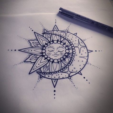 Desenho/Tatuagem Astrologia                                                                                                                                                      Mais Sun And Moon, Sunflower, Pen, Moon, Sun, Tattoos