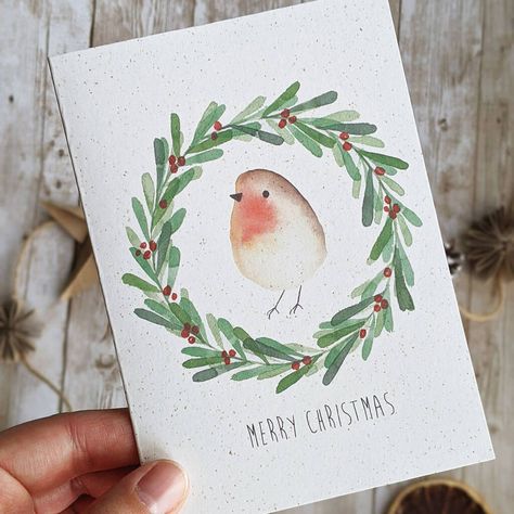 Watercolour Robin Wreath Merry Christmas Card By Callisto Design Co. | notonthehighstreet.com Watercolour Robin, Xmas Cards Handmade, Christmas Illustration Design, Christmas Cards Drawing, Painted Christmas Cards, Cute Christmas Cards, Christmas Robin, Christmas Card Art, Free Cards