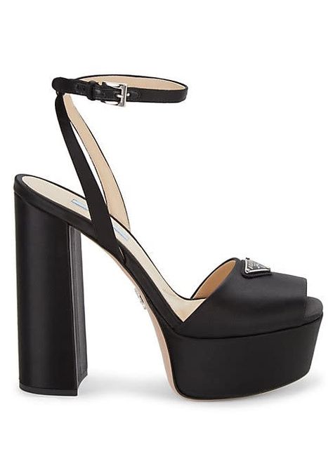 Prada - Logo Satin Platform Ankle-Strap Sandals $1,220.00 Prada Heels, Bad Gyal, Prada Sandals, Prada Logo, Shoe Inspo, Triangle Logo, Fire Heart, Fabulous Shoes, Photoshoot Inspiration