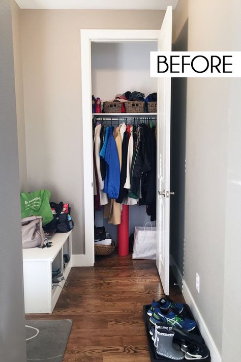 Small Coat Closet Storage Solutions Coat Closet Design, Organizing Bedrooms, Aliexpress Makeup, Coat Closet Storage, Hall Closet Organization, Closet Storage Solutions, Coat Closet Ideas, Small Coat Closet, Front Hall Closet