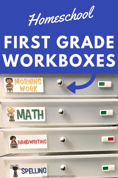 Homeschool Workboxes for First Grade - Leslie Maddox Homeschool For 1st Grade, Workboxes Homeschool, Homeschool Workboxes, Homeschool First Grade, Home School Organization, 1st Grade Homeschool, First Grade Homeschool, Workbox System, Homeschooling Classroom