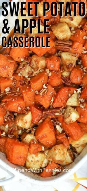 Sweet Potato and Apple Casserole is a delicious recipe that combines sweet potatoes, apples, pumpkin pie spice & brown sugar, baked & topped with pecans. Dinner Sweet Potato, Apple Casserole, Sweet Potato Apple, Apple Pumpkin Pie, Thanksgiving Side Dishes Healthy, Apple Pumpkin, Sweet Potato And Apple, Spend With Pennies, Stuffed Sweet Potato Healthy