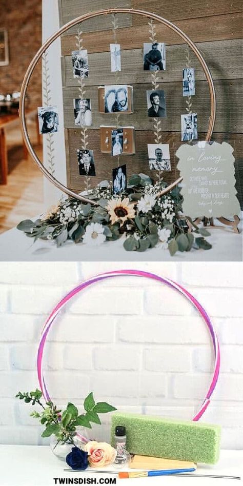 Centerpieces Wedding Simple Easy Diy, Senior Picture Table Display, Best Friend Graduation Party Ideas, Diy Tables For Party, Cheap Easy Centerpieces Wedding, Sweet 16 Photo Display Ideas, Wood Pieces For Centerpieces, Senior Picture Wall Display Home Decor, Bridal Shower Pictures Ideas