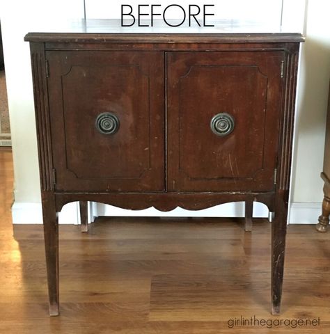 DIY record cabinet makeover repurposed to faux DIY card catalog with Chalk Paint - tutorial by Girl in the Garage Small Cabinet Makeover, Record Cabinet Makeover, Diy Card Catalog, Vintage Record Player Cabinet, Small Antique Cabinet, Sewing Cabinet Makeover, Small Side Cabinet, Record Player Cabinet, Record Storage Cabinet