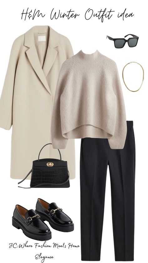 Winter Outfit idea, H&M, Outfit inspirations, Beige outfit, cozy outfit, fashion outfit Beige And Black Winter Outfit, Black Pants Outfit Winter, Black And Beige Outfit, Black Slim Pants, Black Pants Outfit, Outfit Leggings, Winter Pants Outfit, Outfits Woman, Beige Outfit