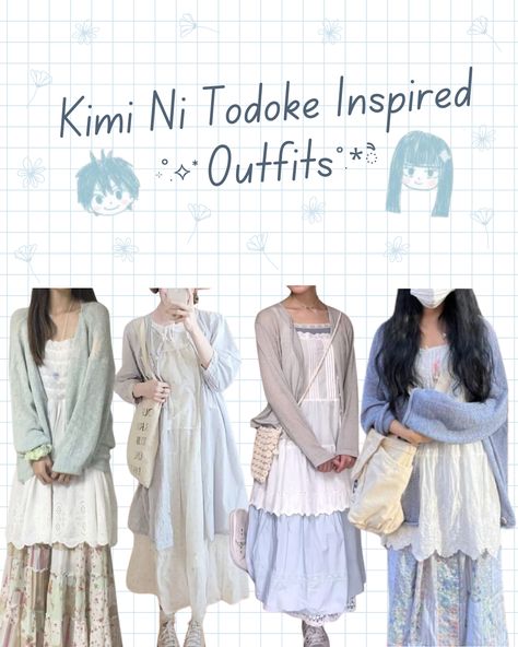 A collage of Kimi Ni Todoke inspired outfits worn by Sawako Kuronuma. Light blue cardigan over a long white eyelet dress and a pink and cream floral skirt. Long light blue button-up top over a tiered white dress with a beige tote bag. Beige cardigan over a long white eyelet blouse and a long blue cotton dress. Macramé purse. Long knit blue cardigan over a short white eyelet dress and a blue and pink floral skirt. Large beige tote bag. Anime characters Sawako Kuronuma and Shouta Kazehaya. Skirts Dresses Outfits, Cute Shojo Outfits, Pants And Dress Outfit, Blue Shoujo Girl Outfit, Casual Angelcore Outfits, Flowy Layered Outfit, White And Blue Skirt Outfit, White Long Pants Outfit, Summer Shojo Outfits