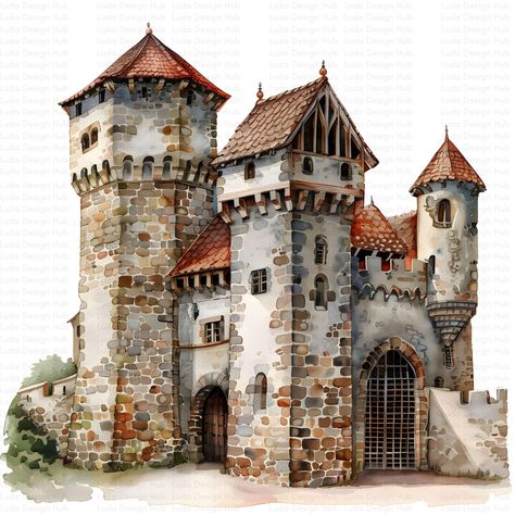 Small Castle House, Medieval Castle Layout, Midevil Castle, Witch Castle, Old Castles, Historical Illustrations, Castle Clipart, Castle Medieval, Vintage Castle