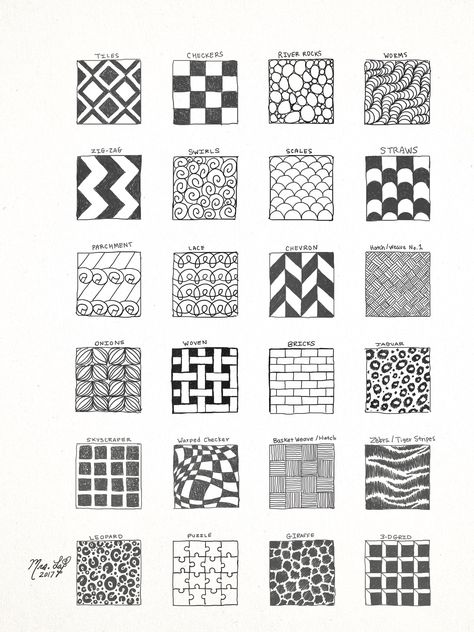 Pattern reference sheet I drew up.-Kritzia LaRose Zentangle Patterns For Small Spaces, Simple Doodle Patterns, Zentangle Patterns Ideas Inspiration, Simple Zentangle Art Patterns, 3d Pattern Drawing, Geometric Pattern Design Simple, Trippy Patterns To Draw, Doodle Patterns Simple, Zentangle Patterns Easy Simple