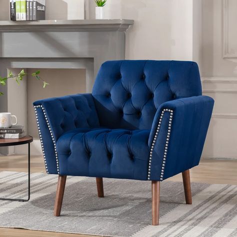 House of Hampton® Edma 30.3" Wide Tufted Accent Chair & Reviews | Wayfair Comfy Sofa Chair, Blue Velvet Accent Chair, Tufted Accent Chair, Tufted Arm Chair, Velvet Accent Chair, Single Sofa Chair, Bedroom Chair, Armchair Design, Accent Chairs For Living Room