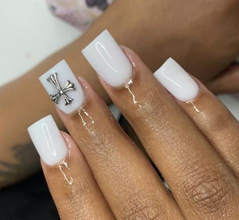 White Acrylics With Cross, White Short Nails Black Women, Short Milky White Nails With Rhinestones, All White Nails With Charms, Short White Acrylic Nails With Charms, Short Nails With Cross Charm, Short White Nails With Charms, White Short Nails With Rhinestones, White Acrylic Nails With Charms