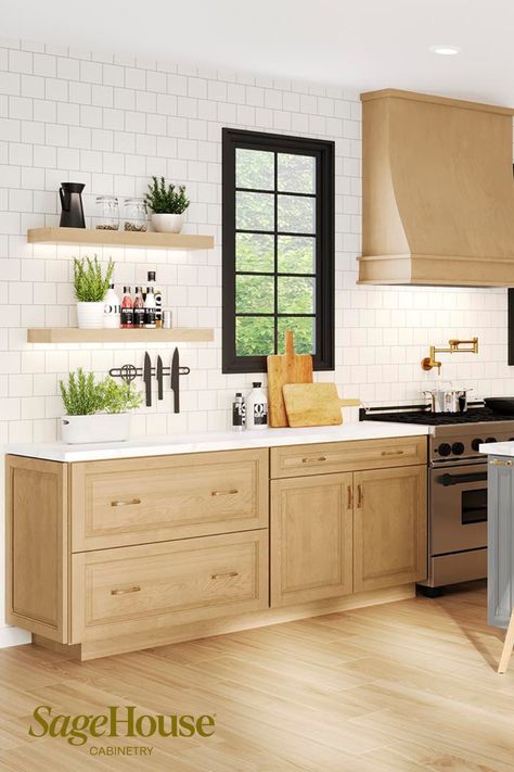 Maple rye cabinets from SageHouse Cabinetry add warmth to this kitchen with black trim windows, subway tile backsplash and open shelves. Backsplash With Maple Cabinets, Black Trim Windows, Trim Windows, Modern Open Kitchen, Modern Kitchen Open, Semi Custom Cabinets, Farmhouse Cabinets, Transitional Cabinets, Maple Cabinets