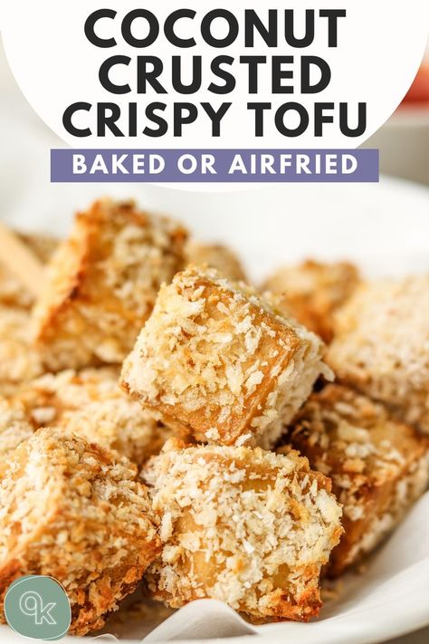 Elevate simple baked tofu with this crispy coconut crusted tofu recipe that can be made in the oven or air fryer! Easy to make and is delicious served solo with a sweet chili dipping sauce or tossed in salads and buddha bowls. Vegan + Gluten Free Option Coconut Tofu Recipes, Tuesday Meals, Coconut Crusted Tofu, Lent Food, Gluten Free Bagel Recipe, Coconut Tofu, Simple Quinoa, Meatless Food, Chili Dipping Sauce