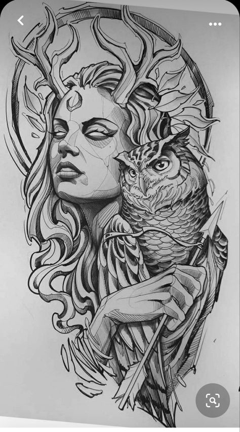 Norse Witch Tattoo, Lilith Tattoo Ideas For Women, Forest Goddess Tattoo, Artemis And Apollo Tattoo, Artemis Tattoo Design, Artemis Tattoo, Gotik Tattoo, Athena Tattoo, Valkyrie Tattoo