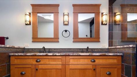 Modern Craftsman Bathroom, Craftsman Bathroom Ideas, Craftsman Mirrors, Craftsman Bathroom Remodel, Mission Style Bathroom, Craftsman Style Bathroom, Craftsman Style Bathrooms, Arts And Crafts Bathroom, Craftsman Bathroom