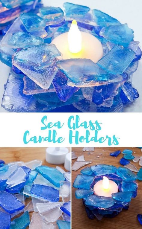 Super Easy DIY Tea Light Candle Holders Made with Sea Glass Diy Tea Light Candle Holders, Sea Glass Candle Holder, Sea Glass Candles, Sea Glass Diy, Deco Marine, Diy Tea, Tea Light Candle Holders, Glass Diy, Tea Diy