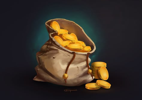 Sack of Gold, George Batchvarov on ArtStation at https://www.artstation.com/artwork/EXrW8 Bag Of Gold Coins, Bag Of Coins, Chibi Mascot, Sack Of Gold, Dripping Gold, Bag Of Gold, Game Gem, Lost Treasure, Fantasy Shop