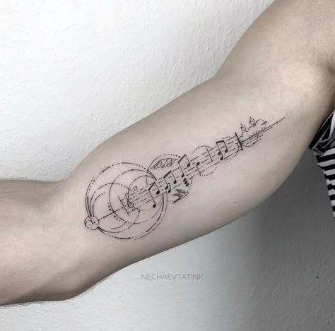 Geometric Tattoo Music, Sheet Music Tattoo, Music Tattoo Sleeves, Music Tattoo Designs, Half Sleeve Tattoos For Guys, Infinity Tattoos, Arm Band Tattoo, Tattoo Desings, Line Work Tattoo