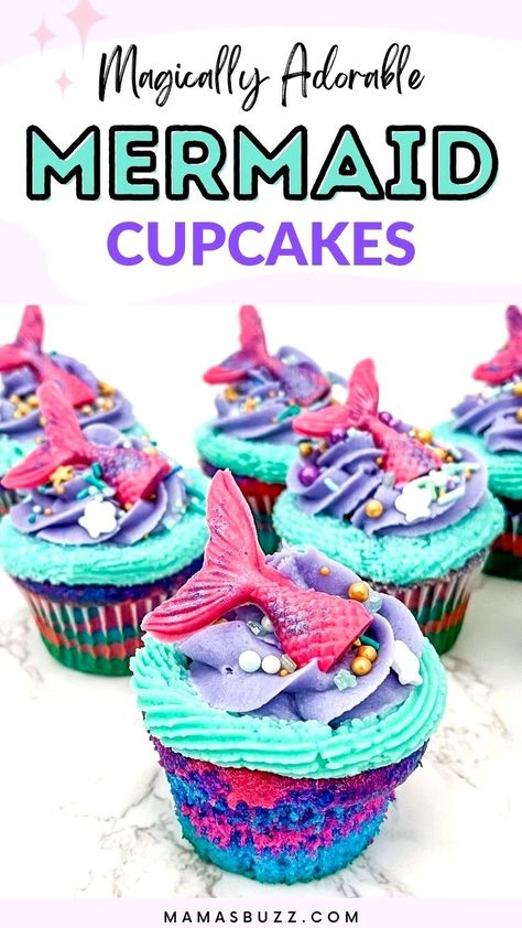 These easy and beautiful mermaid cupcakes are the perfect mermaid party food for your little mermaid! Party recipes don’t have to be hard to be cool. These birthday treats aren’t hard to make. Check out the website for full instructions and the best ocean themed party food ideas. Ocean Themed Party Food, Easy Kids Birthday Cakes, Little Mermaid Cupcakes, Ocean Themed Party, Kids Birthday Food, Kids Birthday Cupcakes, Mermaid Party Food, Cake Inside, Colorful Cake