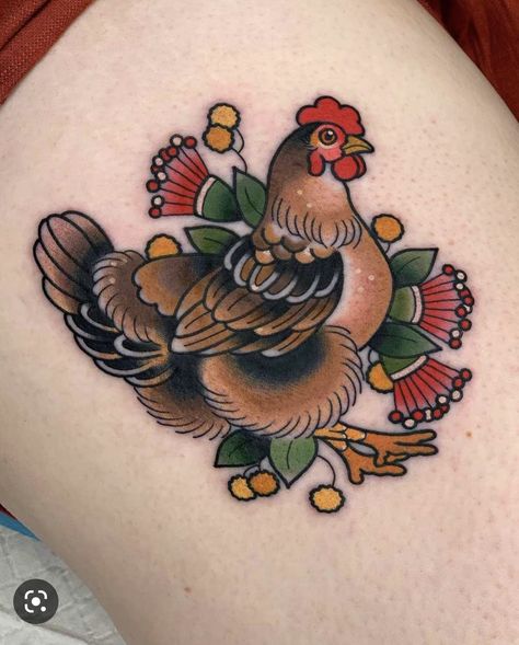 Hen Tattoo Designs, American Traditional Chicken Tattoo, Traditional Chicken Tattoo, Chicken Tattoos For Women, Chicken Tattoo Ideas, Egg Design Ideas, Teeny Tattoos, Traditional Bird Tattoo, Hen Tattoo