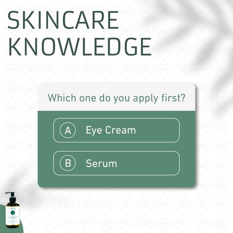 Which do you apply first?⁣💭 ⁣ Having a good skincare routine can help your skin go from zero to hero. This is why a lot of people nowadays have meticulously put together their very own skincare routine.⁣ ⁣ Here's a little skincare quiz for you: ⁣ ⁣ "Which do you apply first? Eye cream or Serum❓"⁣ ⁣ Time's up! The correct answer to this is Serum! The rule of thumb is to apply your skincare products from the thinnest consistency to the thickest. ⁣ ⁣ Because of this rule, creams go last!⁣ ⁣ Skincare Game Instagram, Skincare Quiz Instagram, Skincare Engagement Stories, Skincare Polls For Instagram Story, Skincare Polls, This Or That Skincare Edition, This Or That Skincare, Instagram Quiz Ideas, Skincare Story Ideas