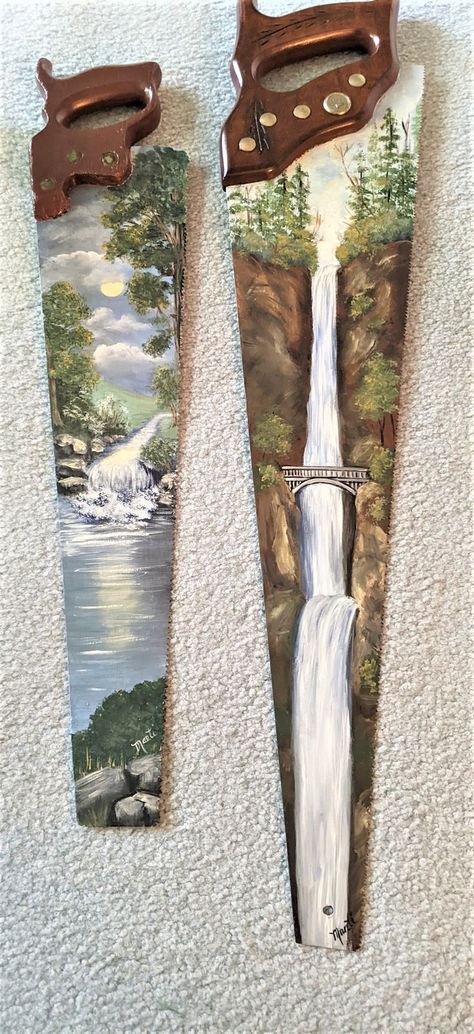 Hand Painted Saw Blades, Painted Hand Saw Blades Ideas, Handsaw Painting Ideas, Saw Blades Painted, Painting Saw Blades Ideas, Painting On Fan Blades, Hand Painted Saws, Painted Hand Saws Ideas, Painted Saws Ideas