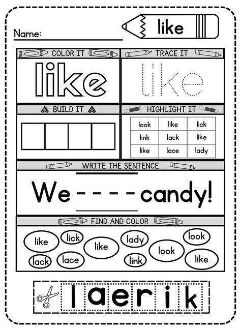 Use this free printable like sight word worksheet to explore a world of interesting ways to learn to read and write! This free worksheet combines creative thinking with effective practice, making it perfect for young kindergarten students. If you want to see your child's reading and writing skills take off, download it right away! First Grade Ela Worksheets Free Printables, Kindergarten Ela Lessons, Teaching Site Words Kindergarten, Sight Word Journal Kindergarten, Writing Activities For Kindergarten Free, Like Sight Word Worksheet, Is Sight Word Worksheet, Kindergarten Sentence Writing Worksheets, Practicing Sight Words