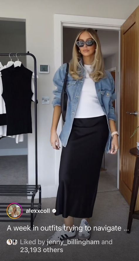 Fall Outfits With Silk Skirt, California Office Outfits, Satin Skirt Maternity Outfit, What To Wear With A Black Satin Skirt, Casual Black Satin Skirt Outfit, White Satin Maxi Skirt Outfit, Black And White Long Skirt Outfit, Full Black Skirt Outfit, Long Satin Skirt Outfit Winter