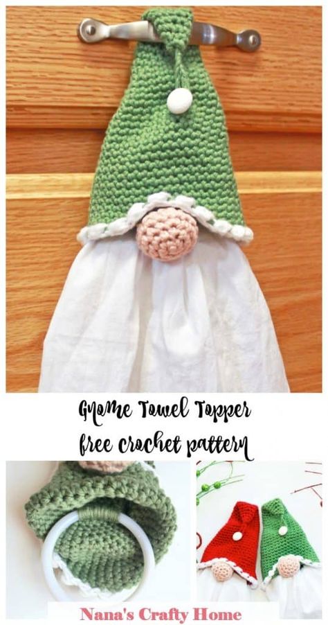 Best Christmas Crochet Patterns, Gnome Tea Towel Topper, Gnome Dish Towel Holder, Crochet Gnome Towel Holder Free Pattern, Gnome Dish Towel Toppers, How To Crochet Towel Topper, Crochet Gnome Nose, Easy Gnome Patterns Free, January Crochet Projects