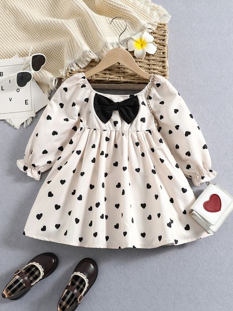 Apricot Cute Collar Long Sleeve Fabric Heart A Line Embellished Non-Stretch  Toddler Girls Clothing Baby Winter Dress, Heart Print Dress, Girls Heart, Kids Dress Wear, Kids Fashion Trends, Baby Dress Design, Girls Frock Design, Kids Gown, Fabric Heart