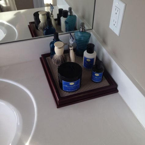 Picture frame turned shave/cologne tray.  Man-pinning. Mens Bathroom Vanity, Mens Cologne Display, Shaving Organization, Men Bathroom Organization, Men’s Bathroom Organization, Cologne Collection Display, Cologne Display Ideas, Mens Furniture, Men Bathroom Decor