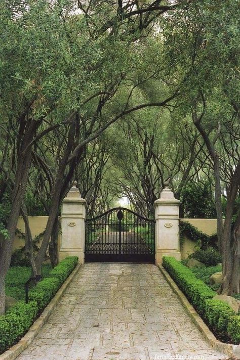 Old Mansion Exterior, Luxury Driveway, Driveway Gate Ideas, Modern Gates, Beautiful Driveways, Gothic Landscape, Driveway Entrance Landscaping, Old Money House, Farm Entrance