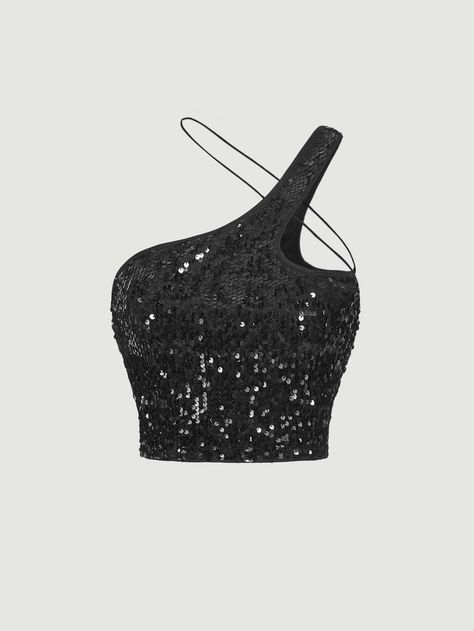 Black Party Collar Sleeveless Woven Fabric Plain  Embellished Non-Stretch  Women Tops, Blouses & Tee Sparkly Outfits, Lovecore Aesthetic, Black Sequin Top, Outfits 2016, Sparkly Top, Shein Icon, Fasion Outfits, Taylor Swift Outfits, Cute Crop Tops