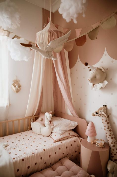 Stork Nursery Decor, Beige And Pink Nursery, Pink And Beige Nursery, Beige Kids Room, Toddler Room Girl, Pink And Beige Bedroom, Stork Nursery, Small Nursery Decor, Kids Nursery Ideas