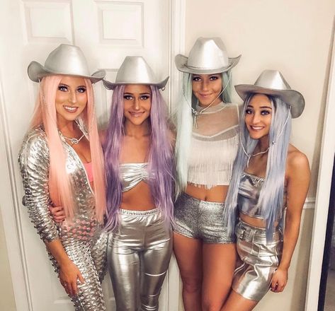 Hot halloween costumes for you to try. These are the perfect college Halloween Costumes and will work great as Halloween costumes for college parties. Looking to do a BFF halloween costume? Find group halloween costumes and halloween costumes for best friends ideas here. Whether you want a DIY costumer, or an easy Halloween costume, this is a great list to find inspiration from instagram inspired costumes! #halloween #college Space Cowgirls Halloween Costume Silver Metallic Shorts, Space Cowgirl Costume, Cowgirl Halloween Costume, Spiked Seltzer, Neon Accessories, Cowgirl Halloween, White Tube Tops, Best Friend Halloween Costumes, Seltzer Water