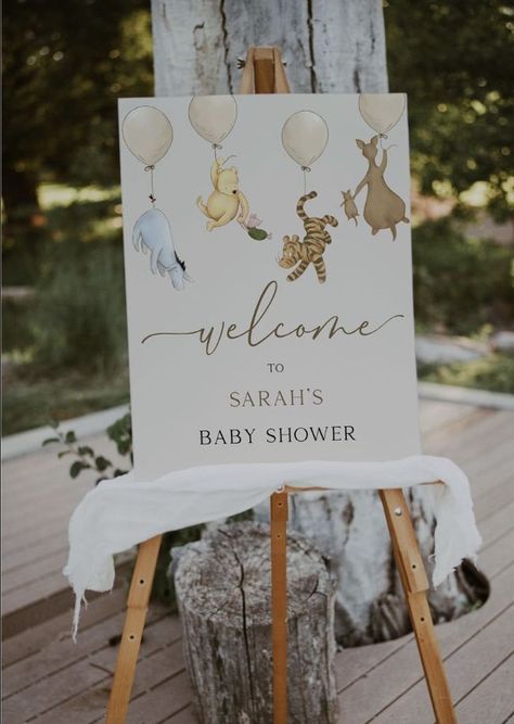 Baby Shower Idea Winnie The Pooh Welcome Sign, Pooh Welcome Sign, Vintage Pooh, Classy Baby Shower, Winnie The Pooh Themes, Idee Babyshower, Winnie The Pooh Baby Shower, Baby Shower Theme Decorations, Disney Baby Shower