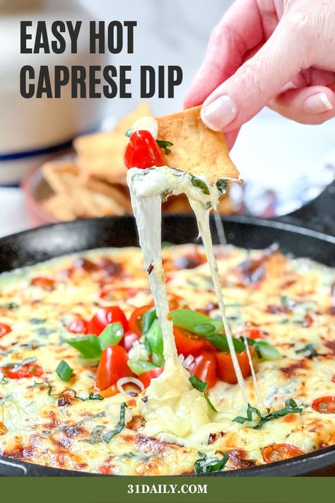 Hot Caprese Dip is an easy party appetizer filled with the Mediterranean flavors we love! It's zippy, cheesy, and oh-so-simple with a handful of ingredients and 15 minutes in the oven! It's party time! Hot Cheese Dip Recipes, Caprese Dip, Hot Dips, Dip Recipes Hot, Mediterranean Flavors, Delicious Dips Recipes, Cheesy Dip, Cheese Dip Recipes, Easy Dips