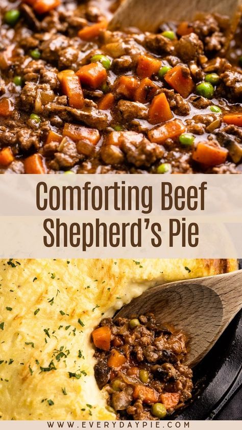 This Beef Shepherd's Pie recipe is an easy-to-make casserole with seasoned ground beef and vegetables in a savory gravy, topped with creamy mashed potatoes and then baked in the oven. It's the perfect comfort food for any night of the week. Shepherds Pie Recipe Dutch Oven, Shepard Pie Baked Potato Recipe, Mexican Shepards Pie Recipe, Shepherds Pie Gravy, Cornbread Shepards Pie Beef, Shepherds Pie With Leftover Roast Beef, Shepard Pie With Ground Beef, Southern Shepards Pie, Shepherds Pie With Roast Beef