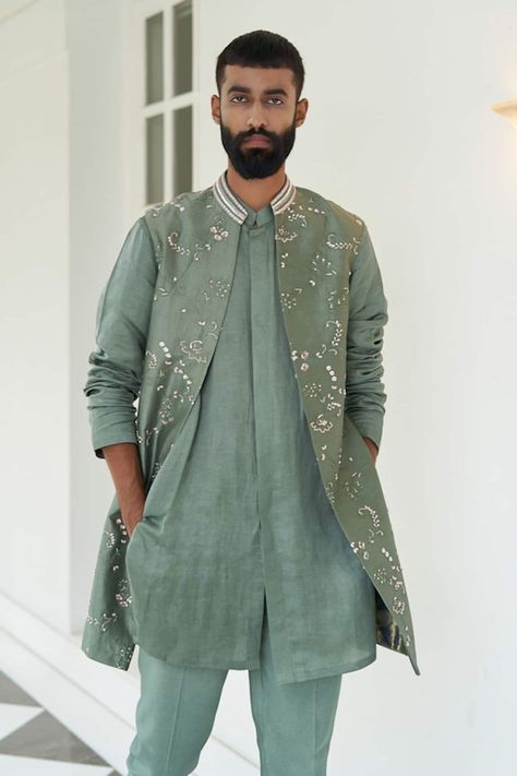 Buy Green Pure Silk Embroidered Floral Rainforest Jacket And Kurta Set For Men by Contrast By Parth Online at Aza Fashions. Groom Koti Kurta, Long Jacket Kurta Men, Long Koti Kurta For Men, Open Jacket Kurta Men, Indian Menswear, Indian Wedding Clothes For Men, Gents Kurta, Embroidered Motifs, Add Sleeves