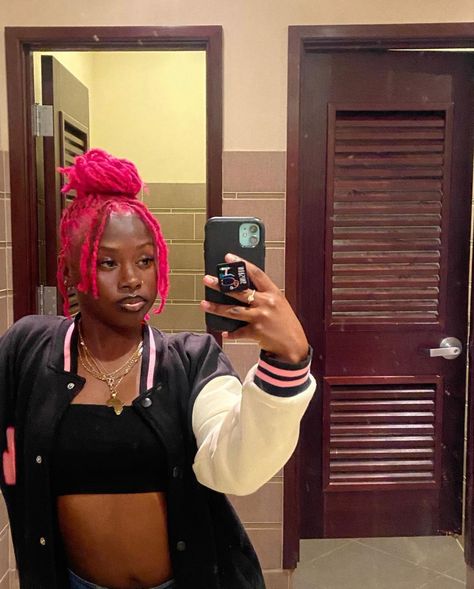 Neon Pink Locs, Pink And Red Locs, Pink Dreads Black Women, Blonde And Pink Locs, Hot Pink Locs, Pink Locs Black Women, Loc Dye Ideas, Locs Colors, Pink Locs